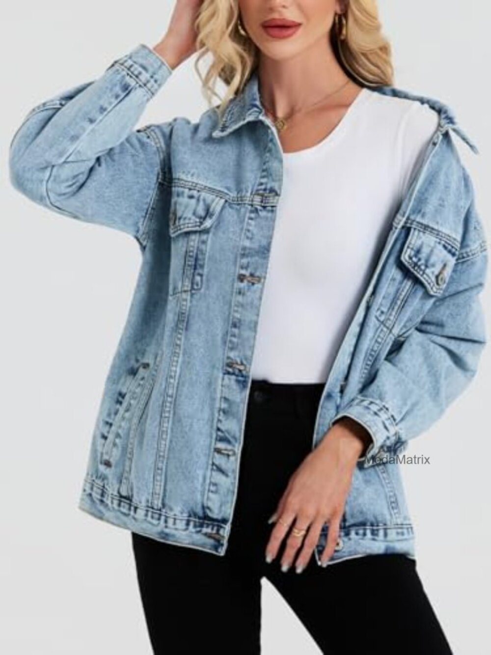 Oversized Denim Jacket Loose Fit Button Down Trucker Coat Long Sleeve - Picture 5 of 6